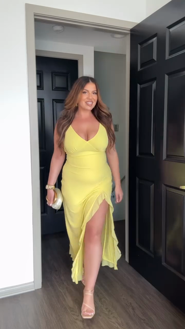 Yellow V - Neck Slit Maxi Dress