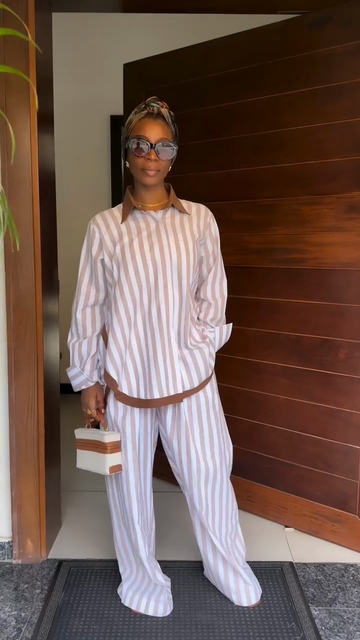 Off-white Striped Long-Sleeved Shirt and Wide-Leg Pants Set
