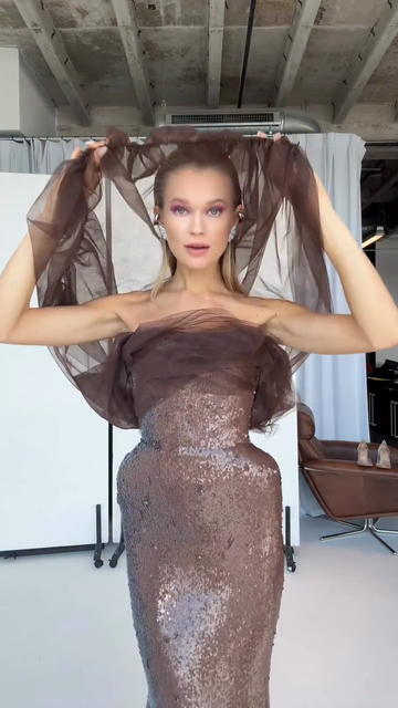 Brown sequined tulle off-the-shoulder gown