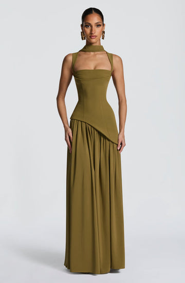 Olive green backless evening dress