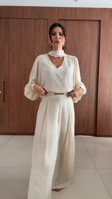 Creamy White Chiffon Top & Wide - Leg Pants Set