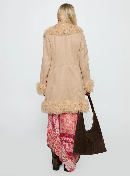 Faux Fur Trimmed Suede Coat