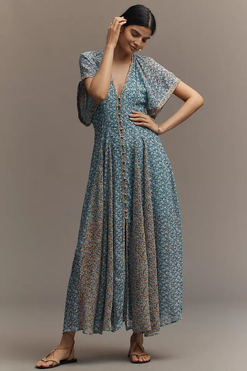 Blue Floral Button - Front Maxi Dress