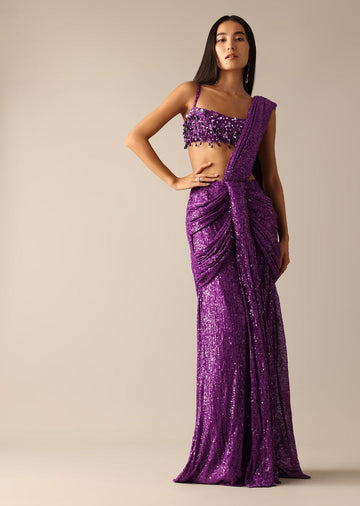 Purple Sequined Saree Suit