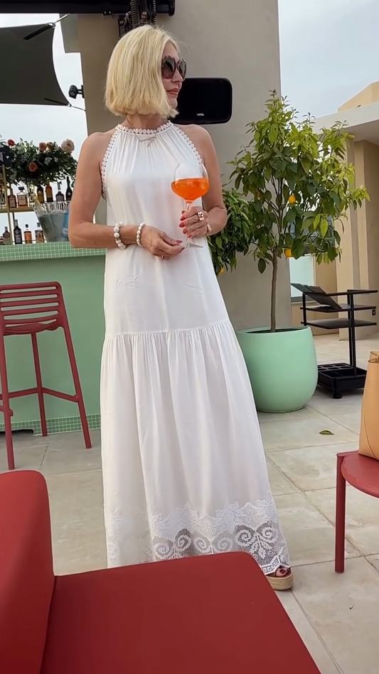 White Halter Neck Lace - Trimmed Maxi Dress