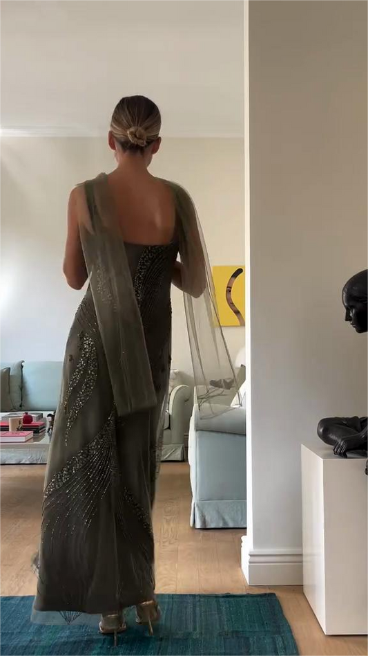 Embellished Olive - Green Evening Gown