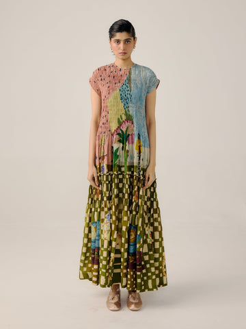 Artistic Patchwork Print Maxi Dress
