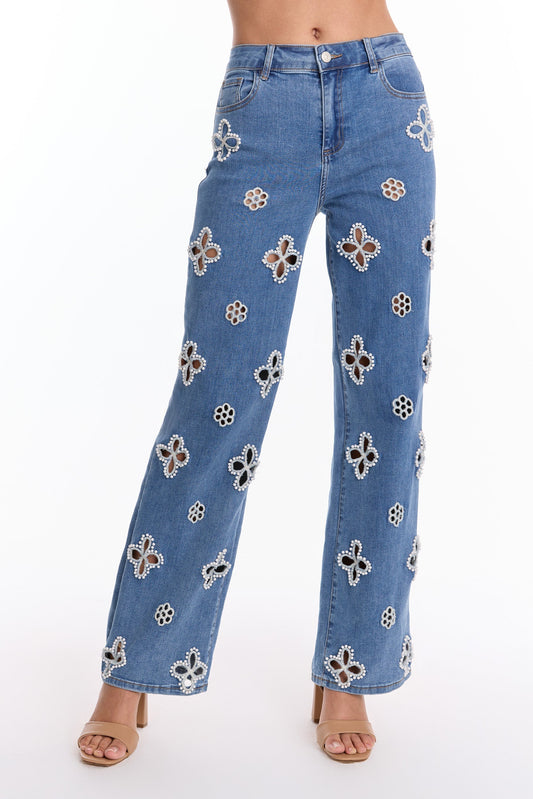 Denim Wide - Leg Jeans with Embellished Cut - Out Floral Details