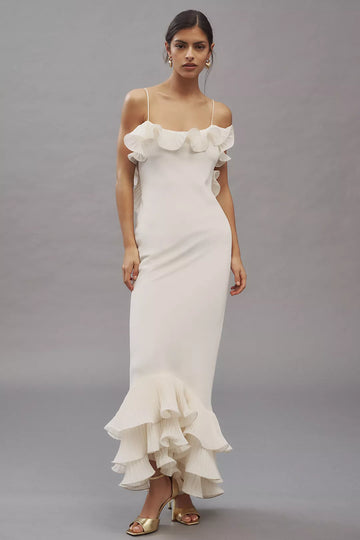 White Ruffle Spaghetti Strap Maxi Dress