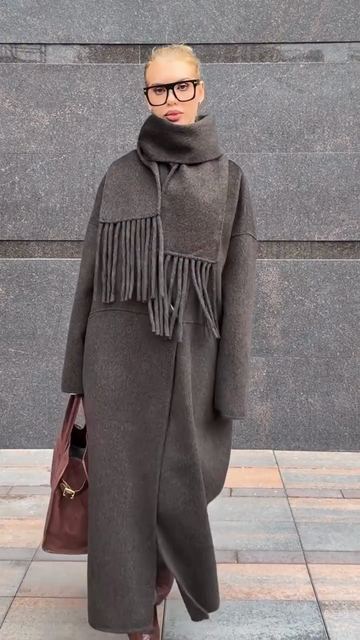 Oversized Wool Coat with Fringed Scarf