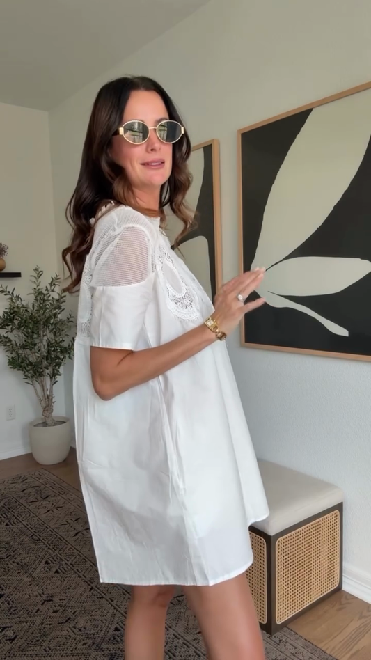 White Lace - Embroidered Short - Sleeve Babydoll Dress
