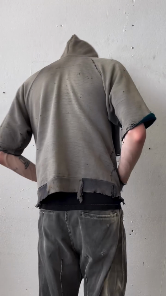 Distressed Grey Short - Sleeve Hooded Jacket