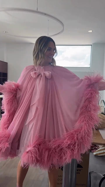 Pink Feather - Trimmed Cape Dress