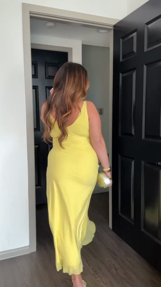 Yellow V - Neck Slit Maxi Dress