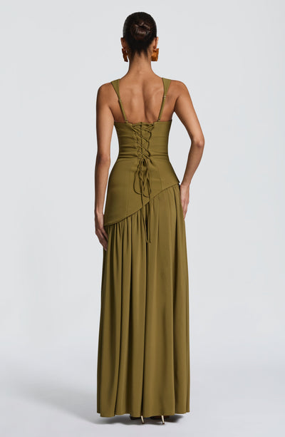 Olive green backless evening dress