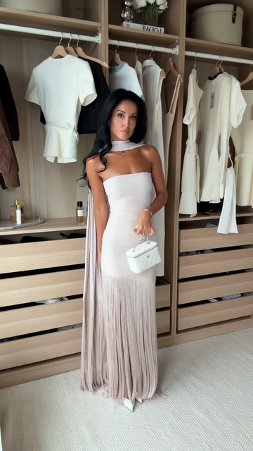Off-the-shoulder fringe maxi dress