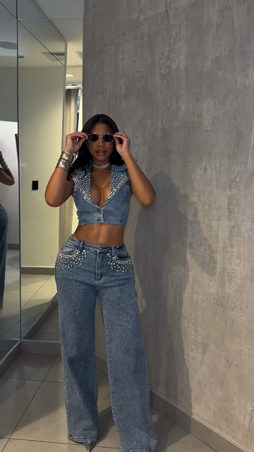 Embellished Denim Two Piece Set