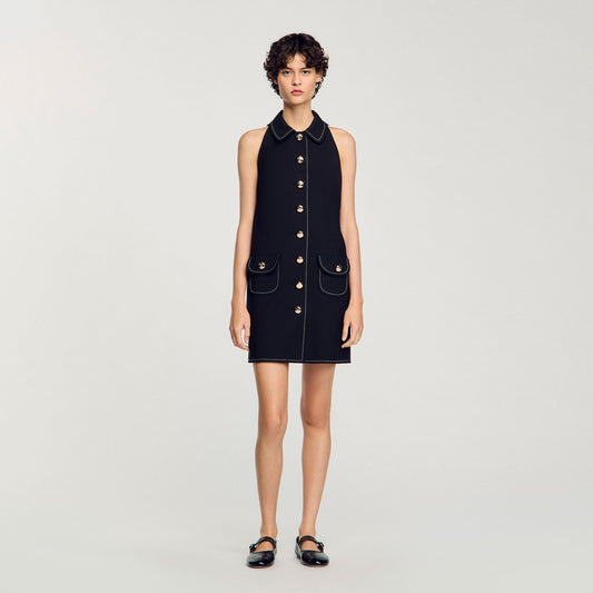 Black Sleeveless Collared Mini Dress