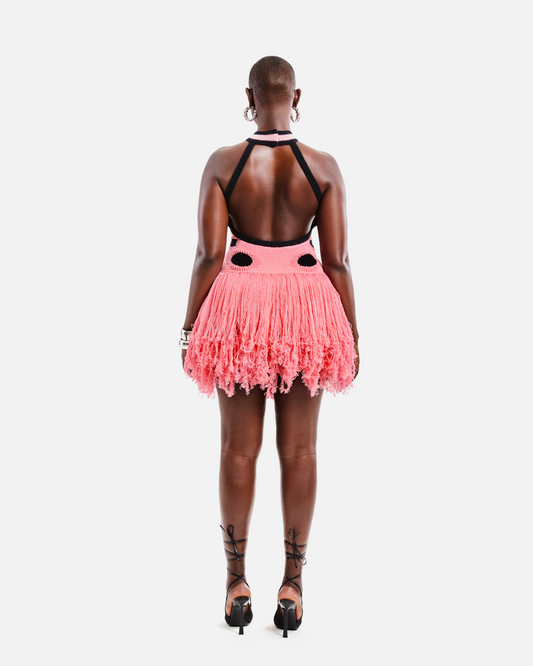 Pink Polka Dot Halter Neck Tassel Mini Dress