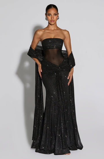 Black off-the-shoulder sequined see-through evening gown