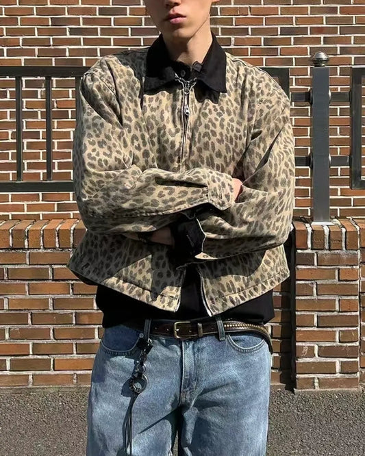 Leopard Print Contrast Lapel Zipper Jacket