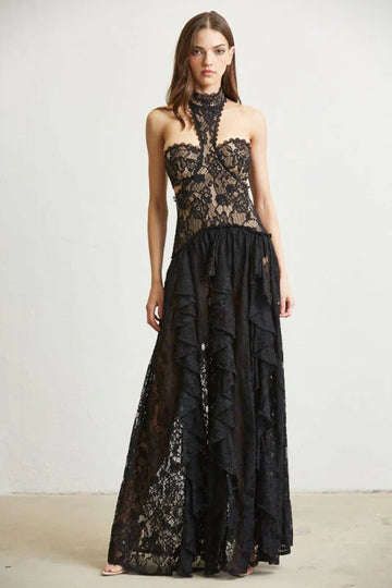 Delicate High-Neck Cut Out Ruffle Maxi Dress