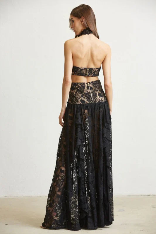 Delicate High-Neck Cut Out Ruffle Maxi Dress