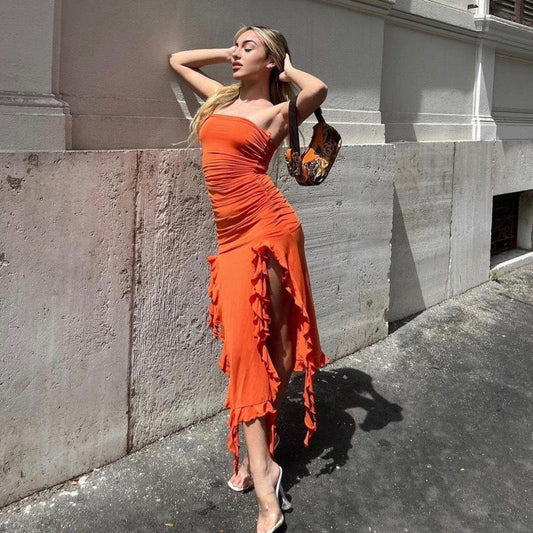 Off-the-shoulder ruffled maxi dress