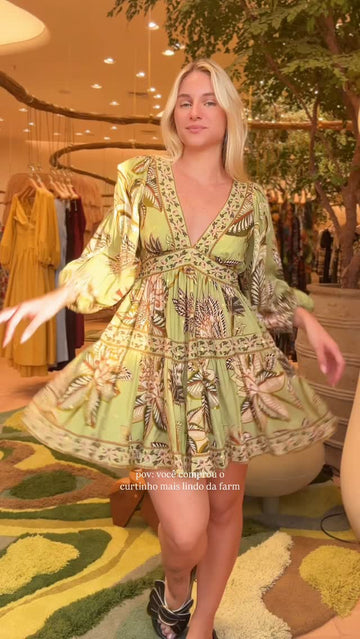 Green Floral - Printed V - Neck Tiered Mini Dress