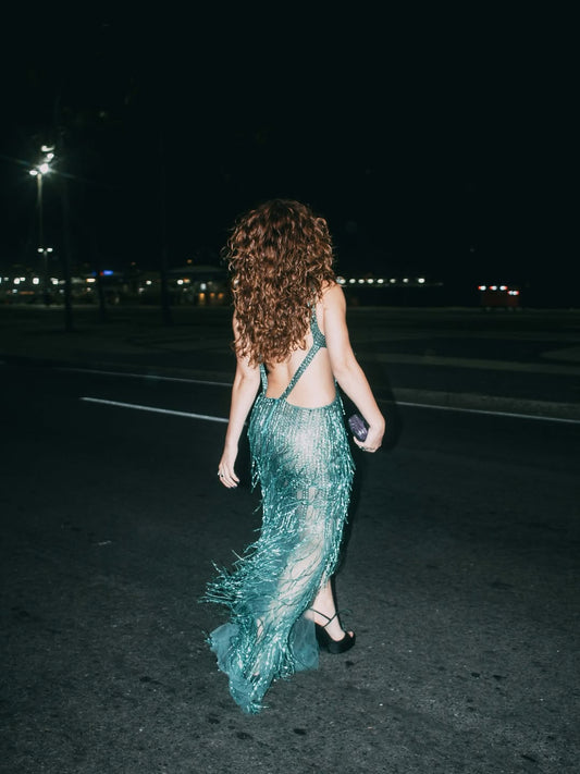 Teal Fringe Cutout Gown