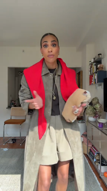 Trench  Style Coat with Red Shawl