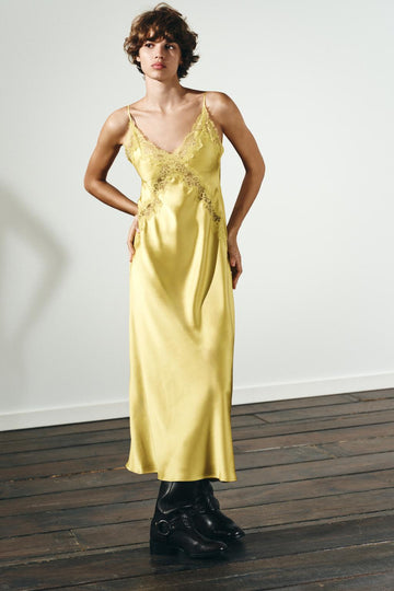 Yellow satin lace slip dress