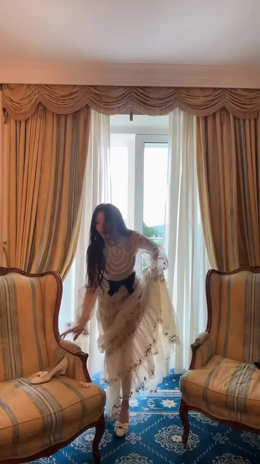 Sheer Embroidered Maxi Dress with Black Bow