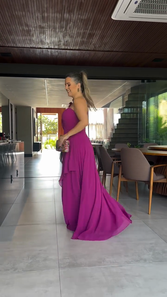 One - Shoulder Ruffled Fuchsia Maxi Dress