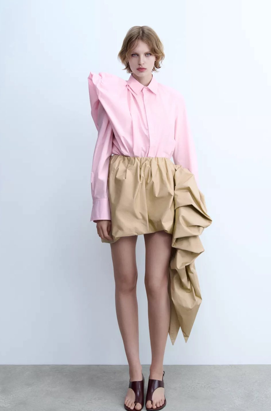 Beige Asymmetric Ruffled Miniskirt