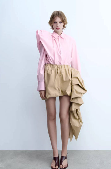 Beige Asymmetric Ruffled Miniskirt
