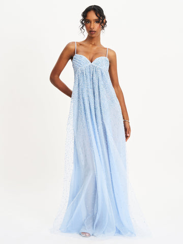 Light Blue Beaded Tulle Maxi Dress with Spaghetti Straps