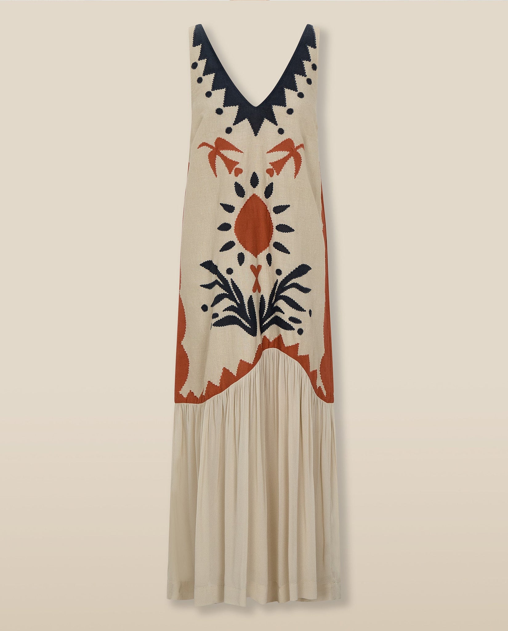 Embroidered V - Neck Maxi Dress with Pleated Hem