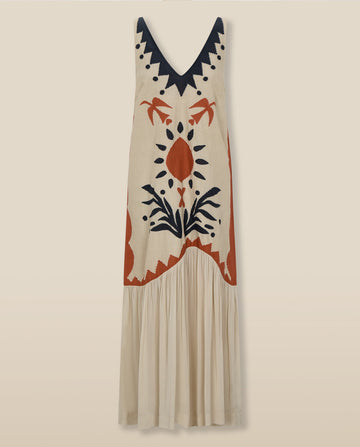 Embroidered V - Neck Maxi Dress with Pleated Hem