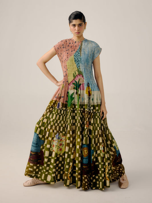 Artistic Patchwork Print Maxi Dress