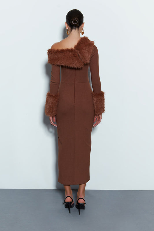 Brown Faux Fur Trim Off The Shoulder Midi Dress