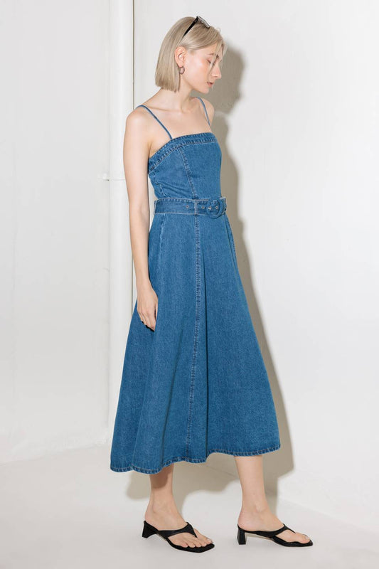 Blue Denim Belted Midi Dress
