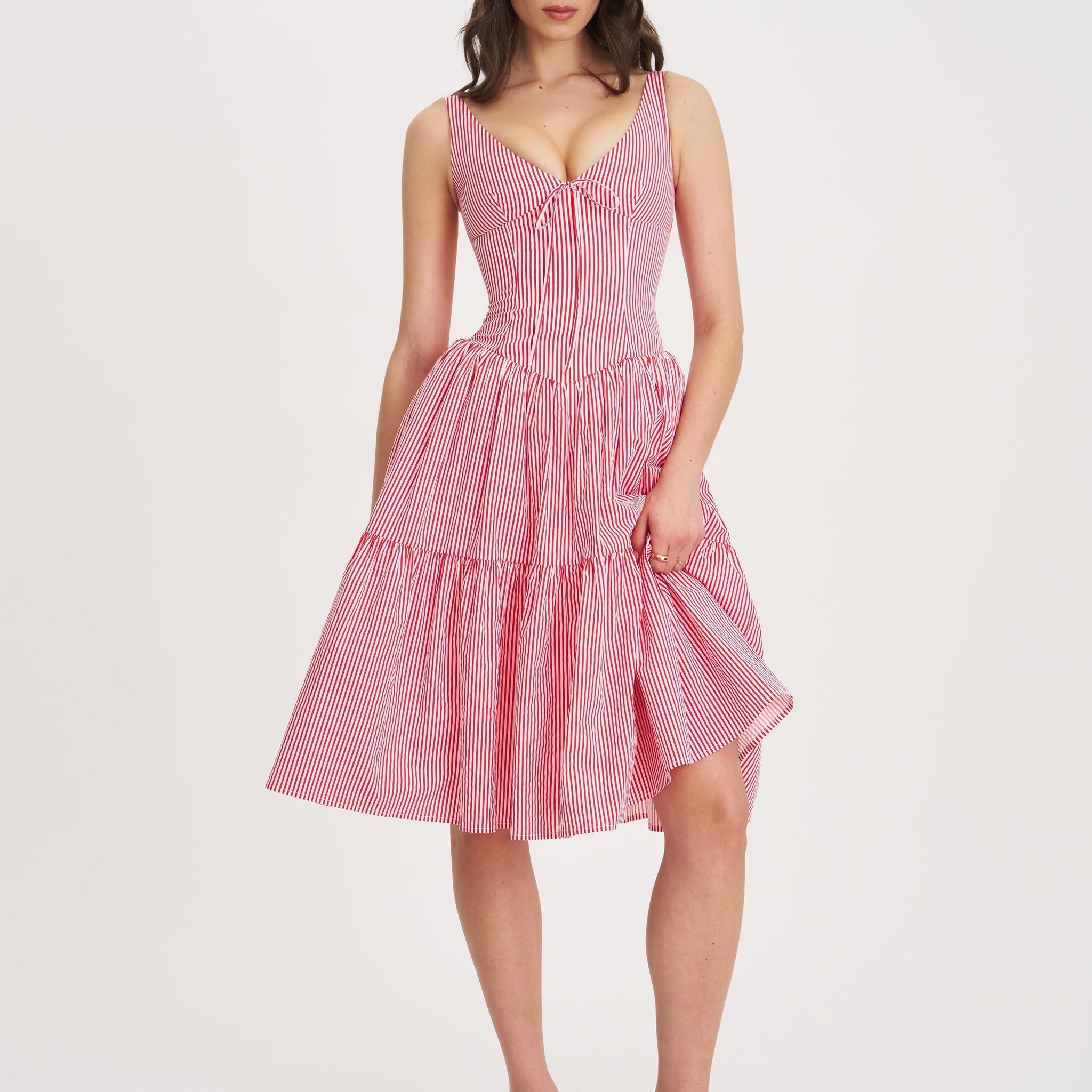 Pink and White Striped Corset Midi Dress