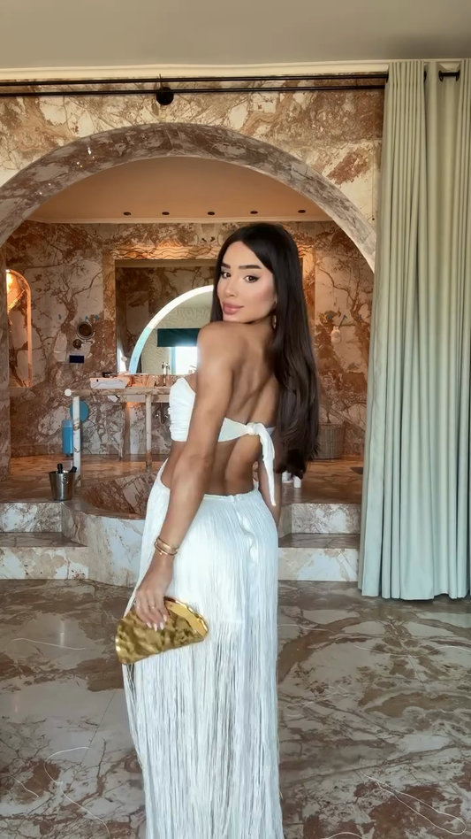 White Off-The-Shoulder Tassel Maxi Dress