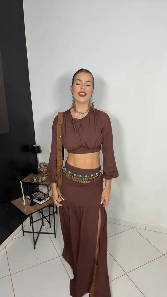 Brown Boho Two - Piece Set with Crop Top & Slit Skirt