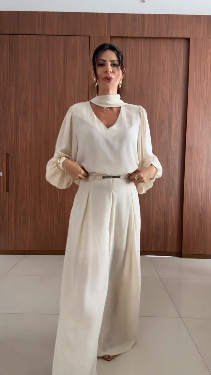 Creamy White Chiffon Top & Wide - Leg Pants Set