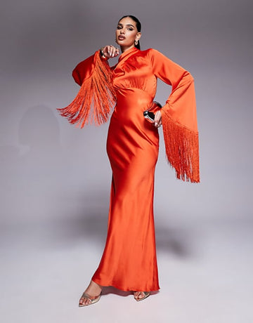 Orange satin fringe maxi skirt