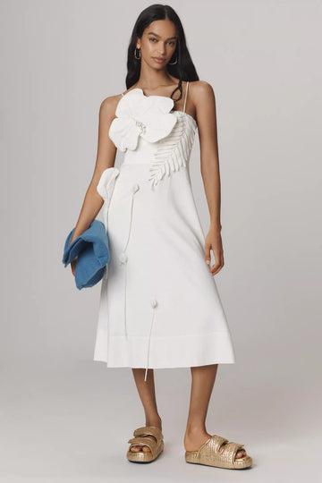 Farm Rio Linen Blend Garden Sleeveless Floral Appliqué Midi Dress