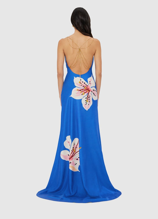 Blue Floral - Print Cowl Neck Maxi Dress