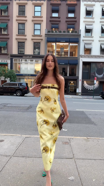Yellow Floral Strapless Belted Midi Dress